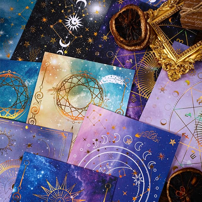 60 Sheets Celestial Gold Foil Astrology Scrapbook Paper – Aesthetic Moon Star Constellation Zodiac Decorative Paper for Art Decoupage, Journaling, Crafting