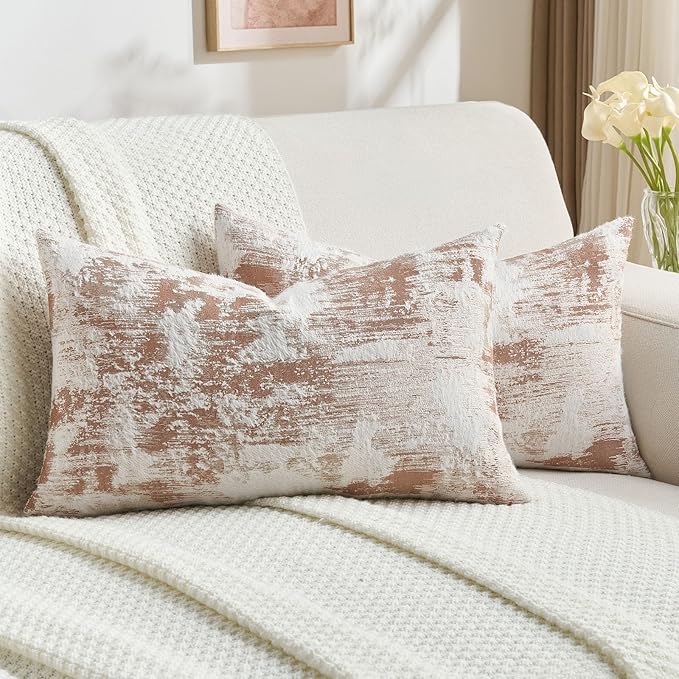 FUTEI Rust White Decorative Throw Pillow Covers 12x20 Inch Set of 2,Jacquard Weave Pillow Case in Soft Faux Cashmere,Modern Home Decor for Couch Living Room