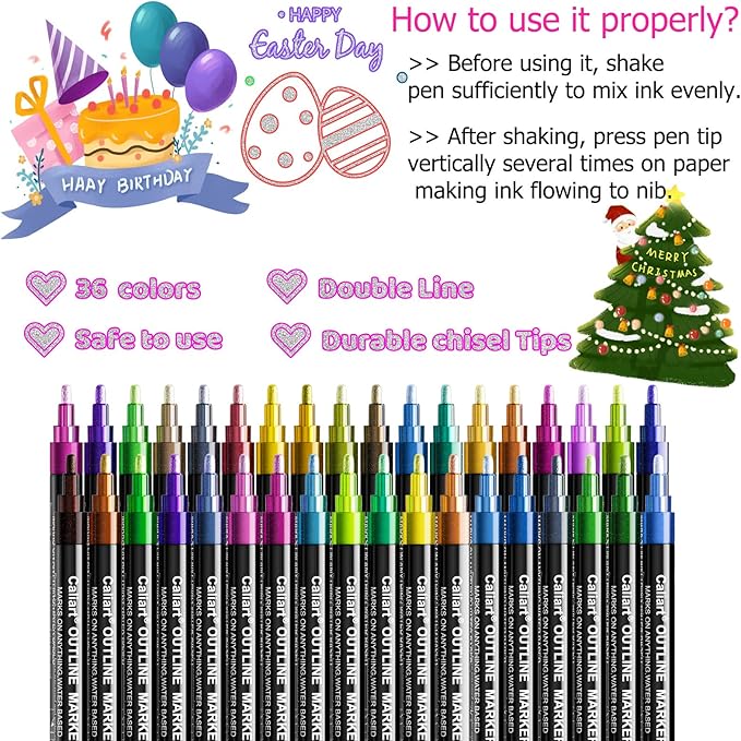 Caliart Stocking Stuffers for Kids Teen Girls, 36 Colors Outline Markers Shimmer Glitter Pens, Christmas Tween Teen Girl Gifts Trendy Stuff, Art Supplies for 6-8-10-12 Year Old Cool Fun Craft Drawing