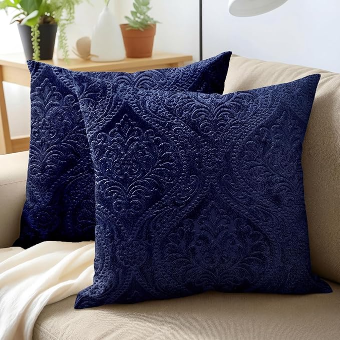 Encasa XO Luxury Embossed Velvet Throw Pillow Covers - Plush Cushion Covers for Elegant Living Rooms & Bedrooms, Machine Washable, 20"x20" Navy Blue | Set of 2 | Covers Only No Insert