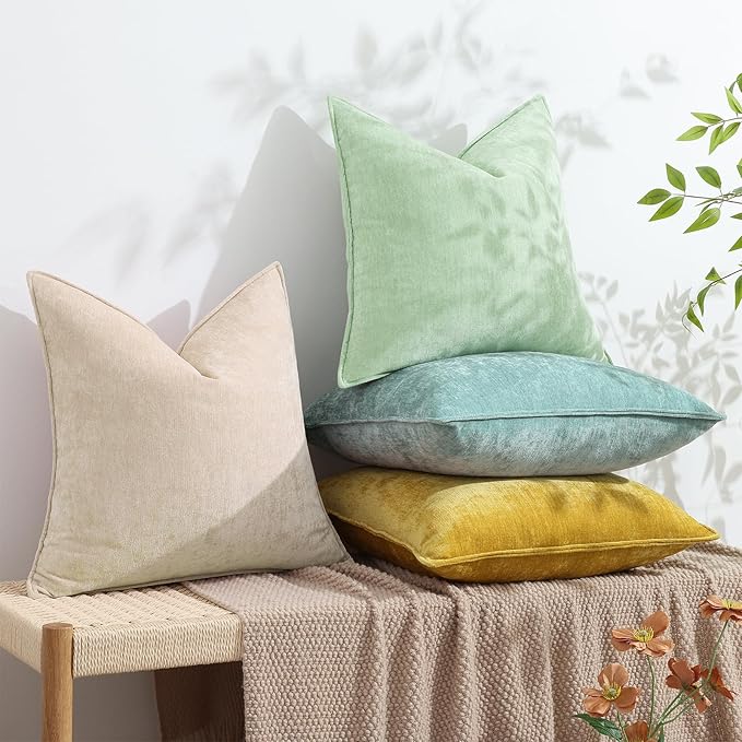 decorUhome Spring Couch Euro Sham Throw Pillow Covers 26x26 Set of 2, Decorative Soft Velvet Neutral Chenille Pillow Covers with Elegant Design for Sofa Bed Living Room Home Decor, Sage Green