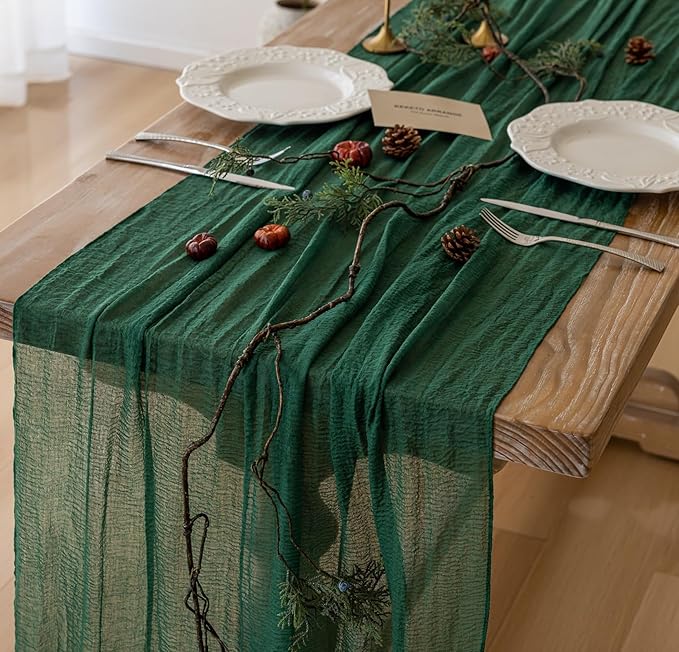 Keketoarrange Emerald Green Table Runner Cheesecloth Gauze 120 Inch 10 FT Rustic Boho Cheese Cloth Table Decor for Wedding Baby Bridal Shower Party Long Sheer Vintage Spring Home Decorations