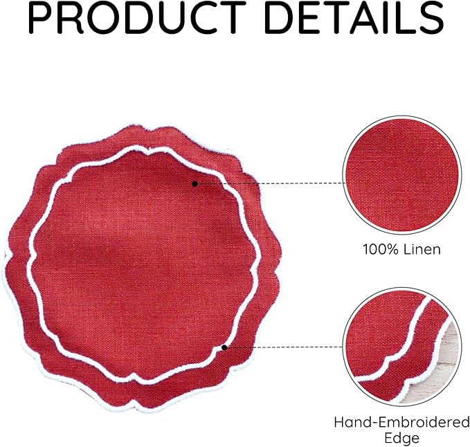 Drink Coasters Set of 6, 6x6 inch, Absorbent Linen Drink Mats with Scalloped Edge, Reusable Handmade Coffee Coasters for Home Decor & Tabletop Protection & Gift Giving (Brick)