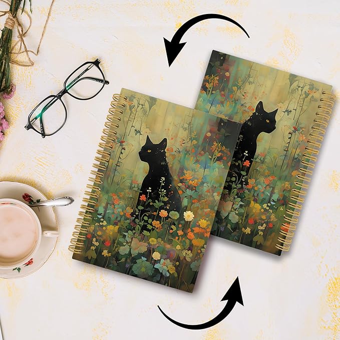 Vintage Black Cat Journal Notebook - Retro Cottagecore Floral Notebooks College Ruled for Work School, Gifts for Cats Lovers Women, Cat Office Supplies, Hardcover Spiral Notebook 5.5"x8.3"