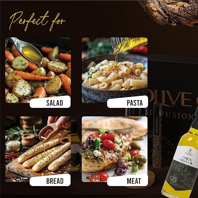 Infused Olive Oil Gift Set – Variety Pack - 4 Flavored Olive Oil Extra Virgin, 3 Spice Flavorful Infusion Blends, Bread Dipping Bowl & Recipe Booklet - Set of 8 – Gourmet Cooking Gifts for Women