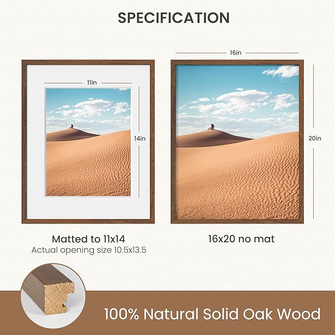 Dreamland 16x20 Picture Frame, Natural Oak Wood Photo Frame with Mat for 11x14, 16 x 20 Matted Picture Frames with Tempered Real Glass for Wall Art Photo and Prints, Walnut Color, Set of 1