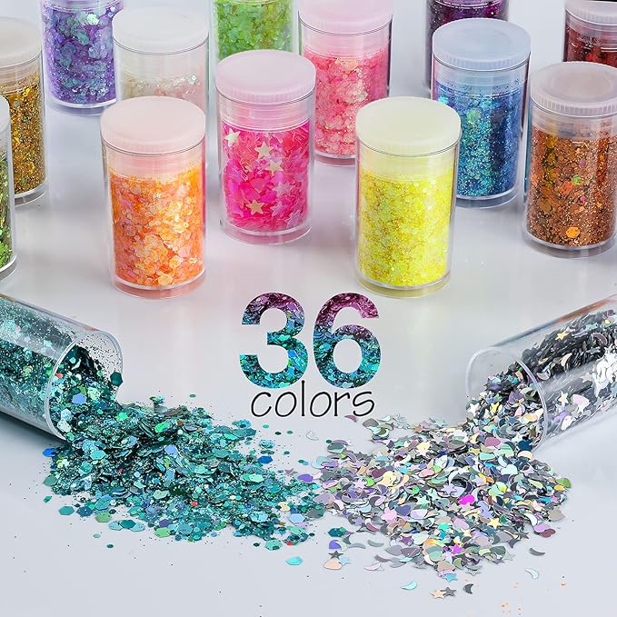 Multicolored Chunky & Fine Glitter Mix, 36 Colors Chunky Sequins & Powder Mix - Iridescent Cosmetic Glitter Flakes for Nail Art, Face, Body, Eyes & Crafts