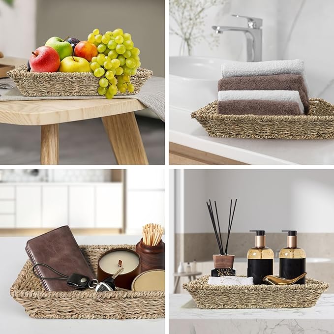 12 Pcs Handmade Woven Coasters for Drinks, Absorbent and Insulating Cotton Coasters with Seagrass Basket Holder set, Boho Perfect for Coffee Table and Home Decor