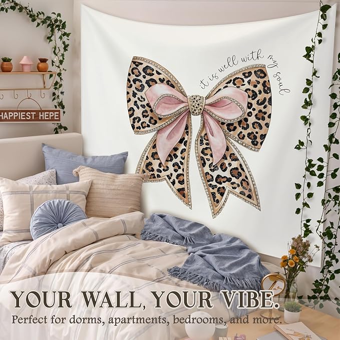 STHTTSW Christian Leopard Bow Tapestry Aesthetic, It Is Well With My Soul Tapestries Wall Blanket, Girly Religious Wall Hanging Decor for Girl College Dorm Apartment Bedroom Church, 50x60 Inch
