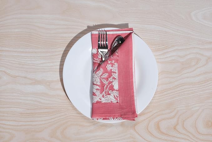 CPC Cloth Napkins 100% Cotton Set of 4 Reusable Napkins, Indian Block Print Toile Floral Dinner Napkin, Fall Thanksgiving Christmas Holiday Party Gift - Soft Absorbent Napkin, 18"x18" Mix Border