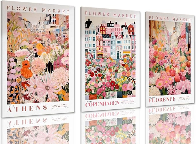 XLARTMY Flower Market Wall Art Print Canvas Framed Pink Floral Paintings Colorful Botanical Sunflower Artwork Travel Poster for Decor Picture 3 pieces for Living Room Bedroom Bathroom 16x24in