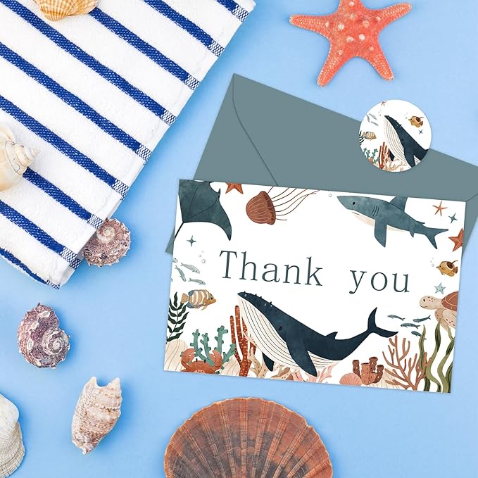 24 Pack Ocean Animal Thank You Cards Bulk Cute Sea Life Greeting Cards with Envelopes Stickers Blank Note Cards for Birthday Baby Shower Party Supplies, 4 x 6 Inch