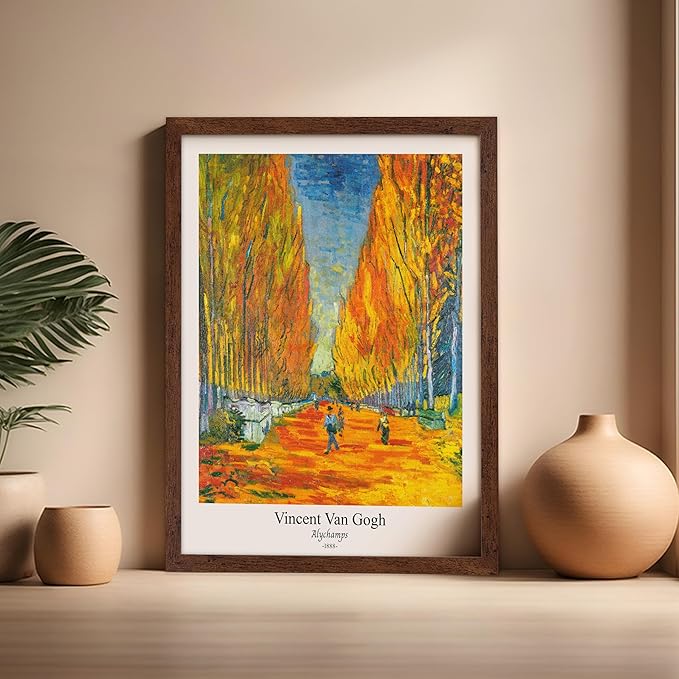 Monem Art Vintage Van Gogh Poster - Retro Alychamps Print - Les Alyscamps Art - Impressionism Art - Fine Art - Classic Painting Art - Great Bedroom or Office Wall Decor - 16x20 Brown Framed