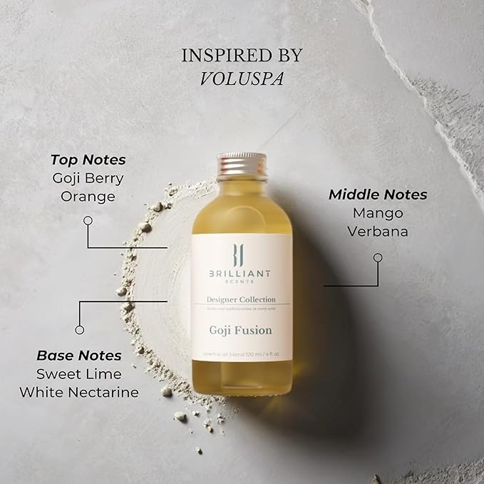 Brilliant Scents Goji Fusion Fragrance Oil 120ml - Premium Diffuser Oil for Home, Office, Hotels - Long Lasting, Plant-Based, Meets IFRA Standards, USA-Made - Goji Berry, Mango, Sweet Lime