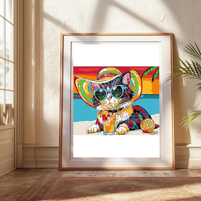 Paint by Numbers Kit for Adults Beginners,Abstract Beach Vacation Cat Frameless Beginner DIY Acrylic Watercolor Oil Painting,Animal Digital Painting for Home Wall Decoration and Gifts (16x20 inches)