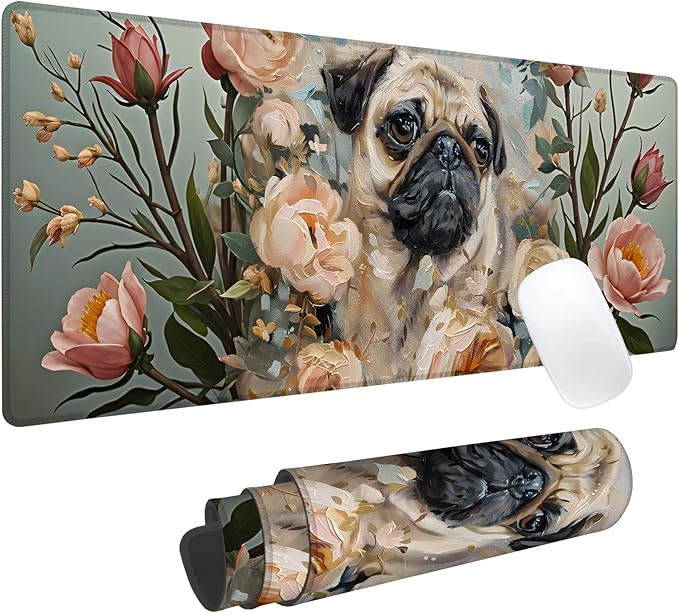 Floral Pug Gaming Mouse Pad, Office Desk Mat, Anti-Slip Rubber Base Cool Aesthetic Mouse Pads for Computer Laptop Keyboard School Home Desktop Gamer Home Accessories Decor 31.5" x 11.8"
