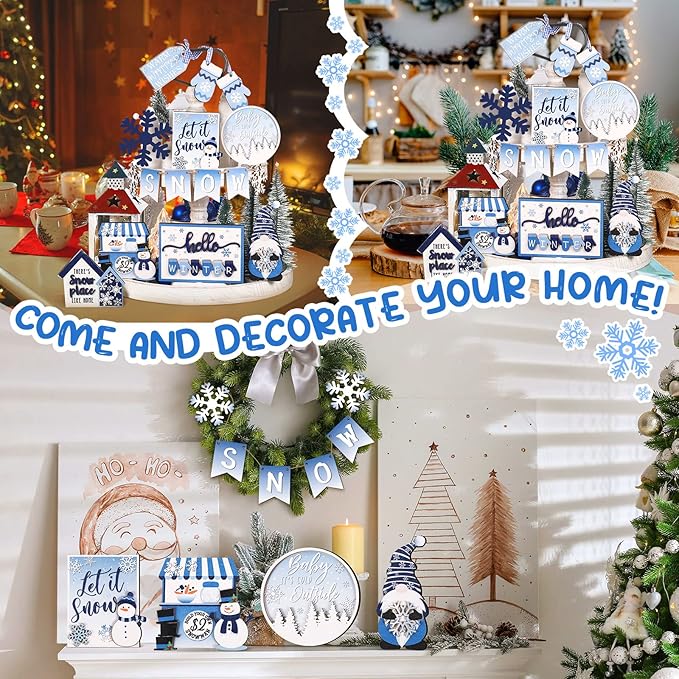 Kajaia 15 Pcs Christmas Tiered Tray Decor Winter Tiered Tray Decorations Set Snowman Snowflake Gingerbread Man Hot Cocoa Wooden Signs Farmhouse Christmas Table Decorations(Snowflake)