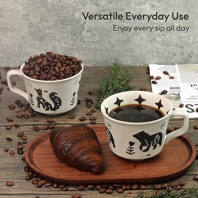 Ceramic Coffee Mug, 12 oz Novelty Unique Teacup with Handle, Stoneware Cup for Tea Mocha Latte Cappuccino Espresso (Set of 4, Fox and Bear)