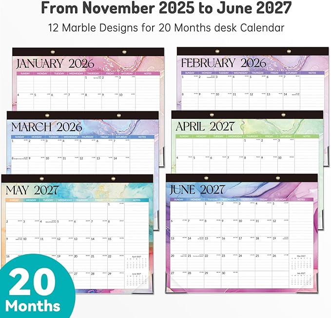 Forvencer Desk Calendar 2026, 20 Months Calendar, Nov. 2025-Jun. 2027, 14" x 11" Wall Calendar 2026 Monthly Planner with Plastic Cover & Stickers & Thick Paper for Office Home School Supplies, Marble