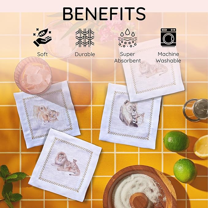 Cocktail Napkins Set of 6, 6x6 inch, 100% Linen, Printed Animal Pattern, Reusable & Washable Cloth Coasters for Beverages, Hosting, Gifting & Everyday Use (Lion Love)