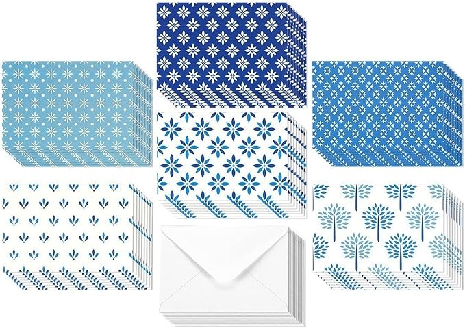 BEST PAPER GREETINGS 48 Pack Blue Stationery Notecards and Envelopes Set - 4x6-Inch All Occasion Thank You Notes for Birthdays, Business - 6 Floral Designs (Blank Inside) - Blank Cards And Envelopes