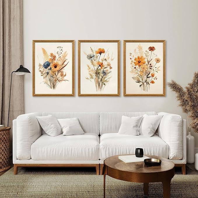 Framed Vintage Wildflower Canvas Wall Art Set of 3 Floral Country Farmhouse Watercolor Flowers Prints Rustic Wood Frame Botanical Artwork Poster for Bedroom Living Room Girls Room Decoration 16" x 24"