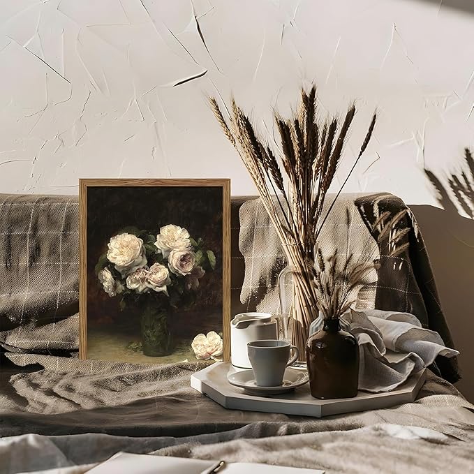 Vintage Floral Wall Art, Framed Moody Dark Roses Canvas Wall Art, Botanical Flowers Pictures Print, Retro White Roses Oil Painting Artwork Wall Decor for Bedroom Kitchen Bathroom – 12x16 inch