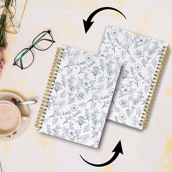 Pugwak Vintage Floral Journal Notebook - Aesthetic Botanical Flower Line Notebooks College Ruled for Work School, Gifts for Women Coworker, Office Supplies, Hardcover Spiral Notebook 5.5"x8.3"