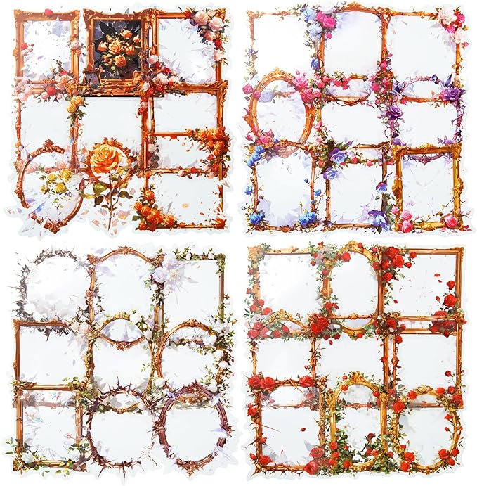 Broken Mirror Frame Stickers Set, 40PCS Gothic Rose PET Scrapbook Supplies for Journaling, DIY Crafts, and Planners