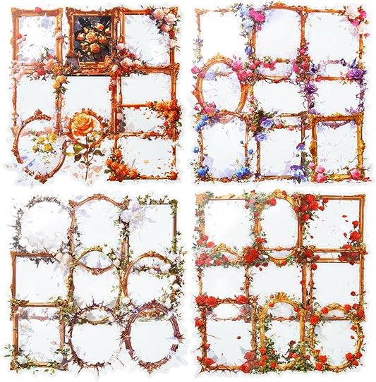 Broken Mirror Frame Stickers Set, 40PCS Gothic Rose PET Scrapbook Supplies for Journaling, DIY Crafts, and Planners