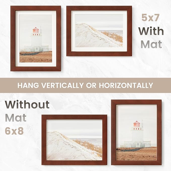 6x8 Picture Frame, USA-Sourced Natural Mahogany Wood Photo Collage Frame with HD Tempered Glass, Modern Simple 6 x 8 Wooden Frame Matted to 5x7, Gallery Wall Frames for Art, Wall or Tabletop Display