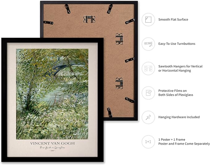 Monem Art Vintage Van Gogh Poster - Retro Impressionist Print - River Bank in Springtime, Flowers, Landscape - Gift for Artist, Friend - Wall Decor for Home, Office, 8x10 Black Framed