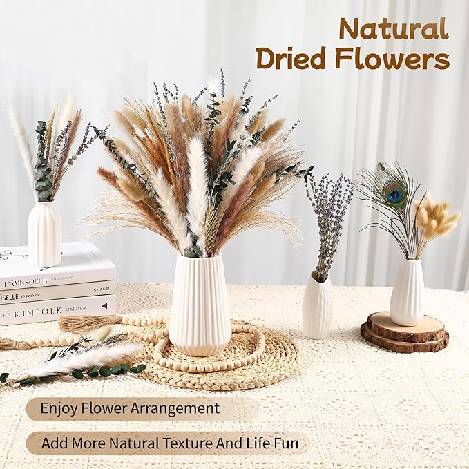 Bpole Dried Pampas Grass Bouquet - 92 PCS Pampas Grass Decor with Bunny Tails,Eucalyptus & Lavender Dried Boho Flowers for Vase Wedding Home Table Decor,Rustic Farmhouse Party