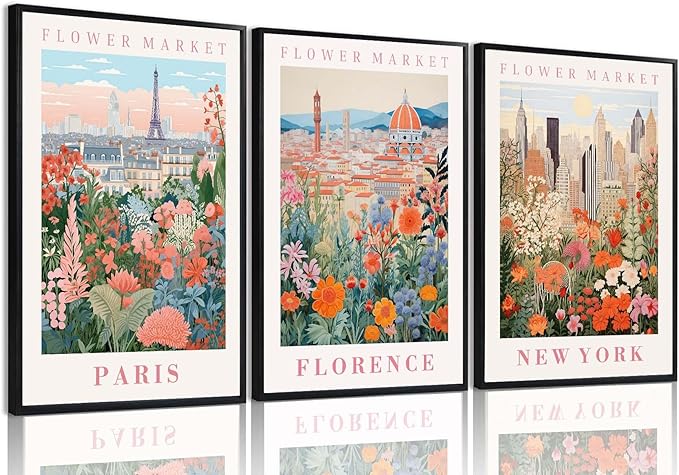 XLARTMY Flower Market Wall Art Prints Canvas Orange and Pink Floral Paintings Colorful Botanical Travel Flower Posters for Home Decor Pictures Set of 3 for Living Room Bedroom 12x16in Unframed