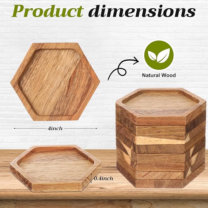 Zhehao 16 Pcs Acacia Wood Coasters Bulk 4 Inch Wooden Stackable Reusable Drink Coasters for Coffee Tea Table Protection Table Bar Home Desk Supplies Housewarming Gifts(Hexagon)