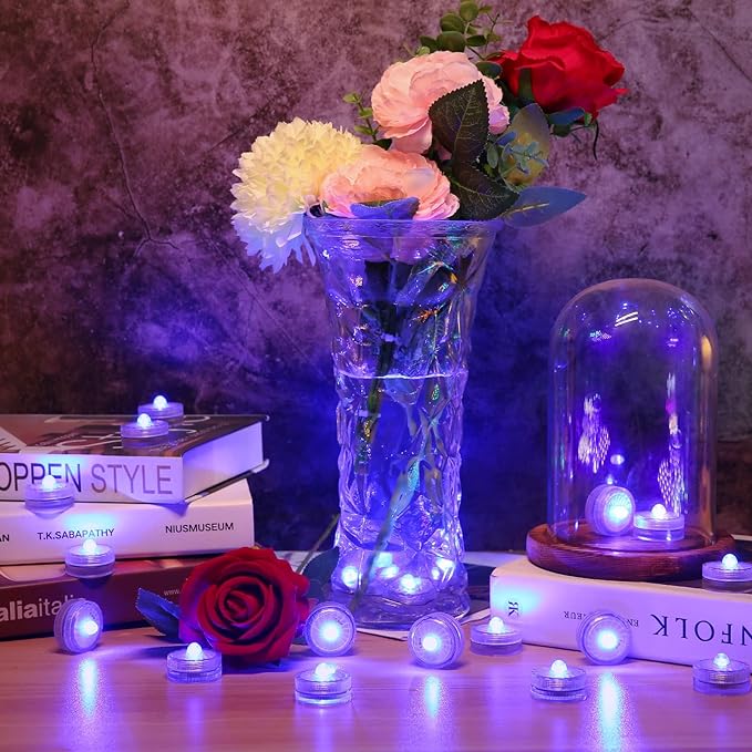HL Submersible LED Light,Blue Small LED Light,100 Hours Waterproof Flameless Led Lights Battery Powered for Wedding Home Vase Festival Party Decoration 12pcs (Built-in 24 Batteries)