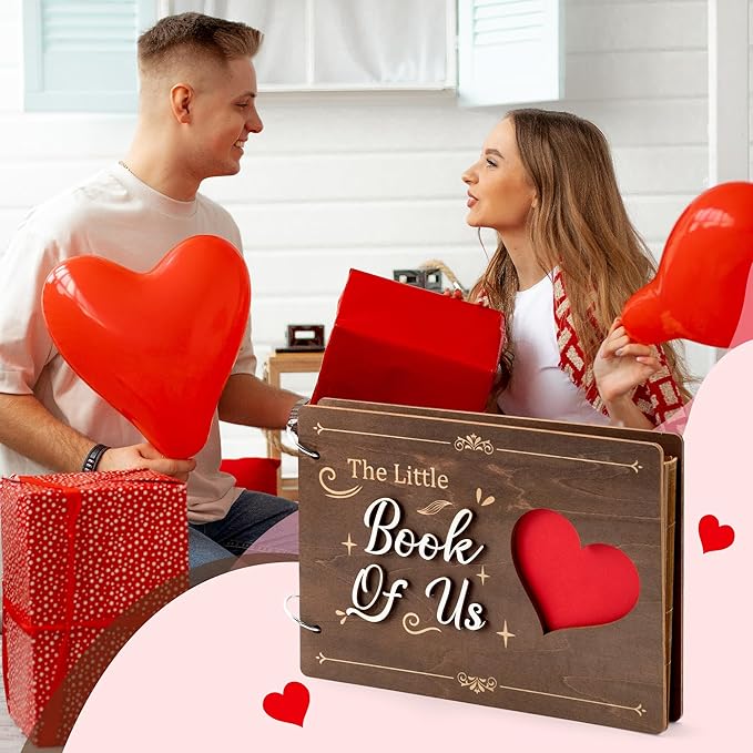 CY2SIDE Book of Us Wooden Scrapbook - 111PCS The Little Book of Us Photo Album Scrapbook Craft Kit Included Wood Cover Heart Puzzle Brown Paper Sticker and Template for DIY Dating Anniversary