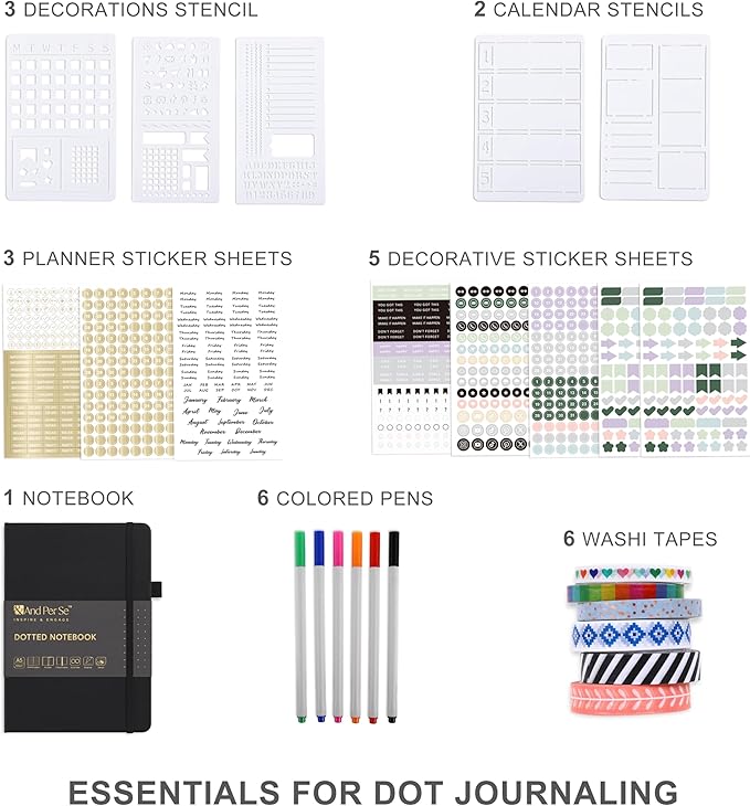&And Per Se Bullet Dotted Journal Kit, A5 Hardcover Dotted Journaling Set (Black), 6 Fineliner Pens, 8 Sticker & 5 Stencil Sheets, 6 Washi Tapes with Giftable Box