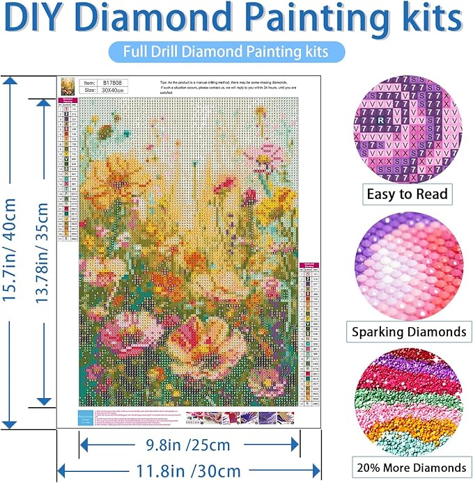 NWQZBYHT 5D Diamond Painting Kits for Adults,Wild Flowers Diamond Art Kits for Adults,Round Full Drill Diamond Dots DIY Flowers Gem Painting kits for Beginner Picture Crafts Home Wall Decor 12x16 Inch