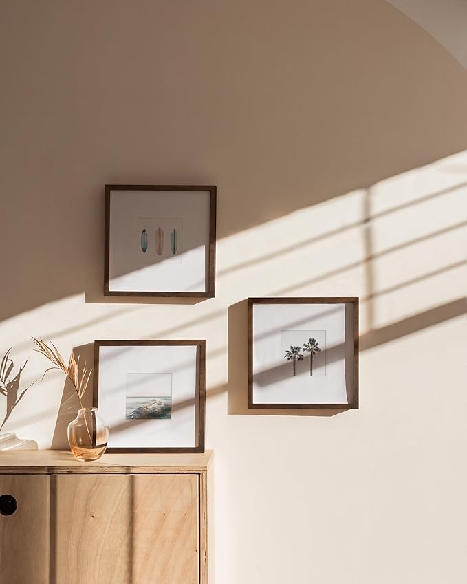 HAUS AND HUES Walnut Oak Wood 10x10 Picture Frames - Set of 3, Square Frames with Mat, Minimalist Frames for Wall Art and Prints (10x10 in, Walnut, Set of 3)