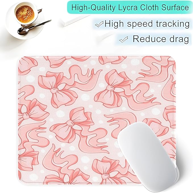 Seorsok Square Abstract Art Pink Bows and White Dots Mouse Mat,Premium Textured Mouse Pads for Office Laptop,Washable Square Mousepads with Extended Stitched Edges Non Slip Rubber Base