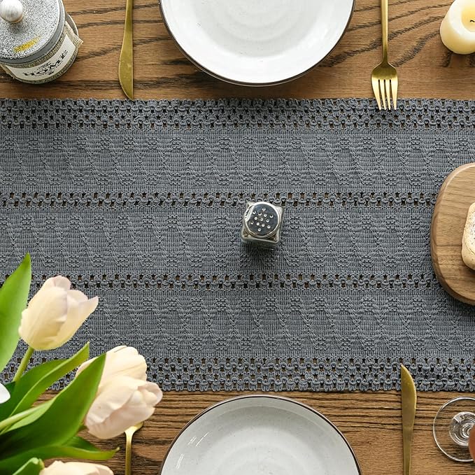 Artoid Mode Dark Grey Farmhouse Woven Rustic Hollow Table Runner, Seasonal Holiday Kitchen Dining Table Decoration for Home Party Decor 12x36 Inch