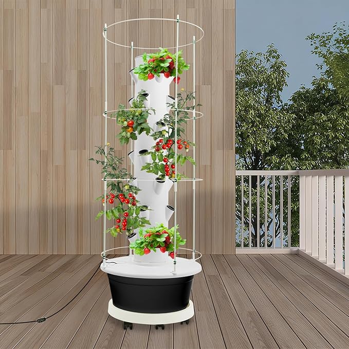 7-Tier 28 Plant Hydroponic Growing Tower, Indoor/Outdoor Vertical Garden System with Climbing Trellis, Garden Hydroponic Growing Kit for Growings Lettuce, Strawberries, Herbs, Vegetables