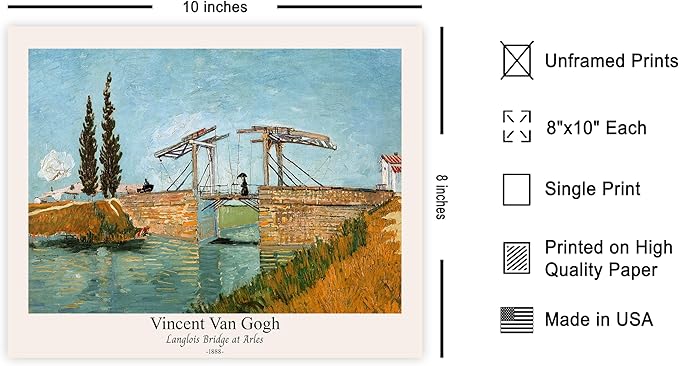 Monem Art Vintage Van Gogh Poster - Retro Langlois Bridge at Arles Print - Impressionism Art - Landscape Art - Fine Art - Classic Painting Art - Bedroom or Office Decor - 8x10 UNFRAMED Wall Art