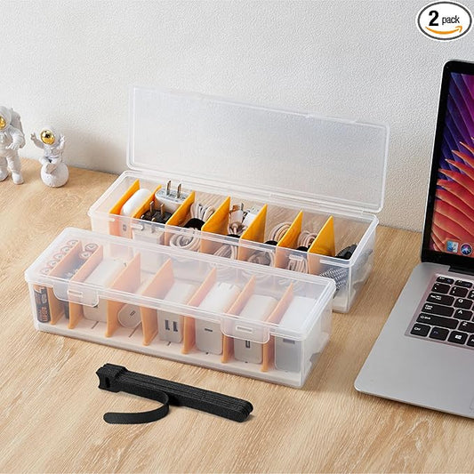 2 Pack Cable Organizer Storage Box with 16 Cable Ties, Clear Phone Charger Organizer Case Wire Organizers for Cords Electronic Storage Box for Drawer Desk Office Home