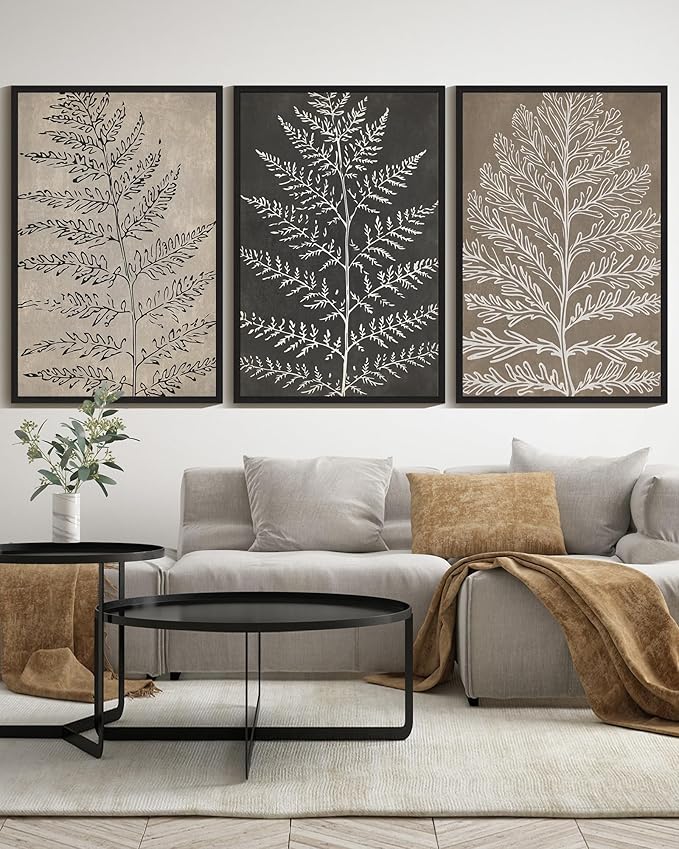KUVIOKE Vintage Botanical Framed Wall Art Bohemian Tan Plant Leaf Wall Decor Nature Fern Plant Silhouette Wall Painting Home Decor 24x36in (Black Framed)