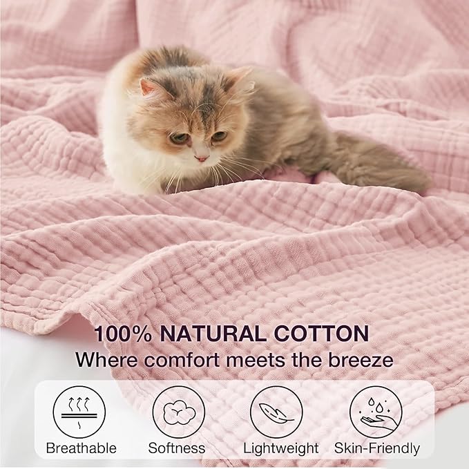 100% Cotton Muslin Blanket Large 50"x 70", 6 Layers Breathable and Lightweight Cotton Throw Blankets for Couch, Soft Cooling Summer Gauze Blanket for Adults All Season, Dusty Rose‌