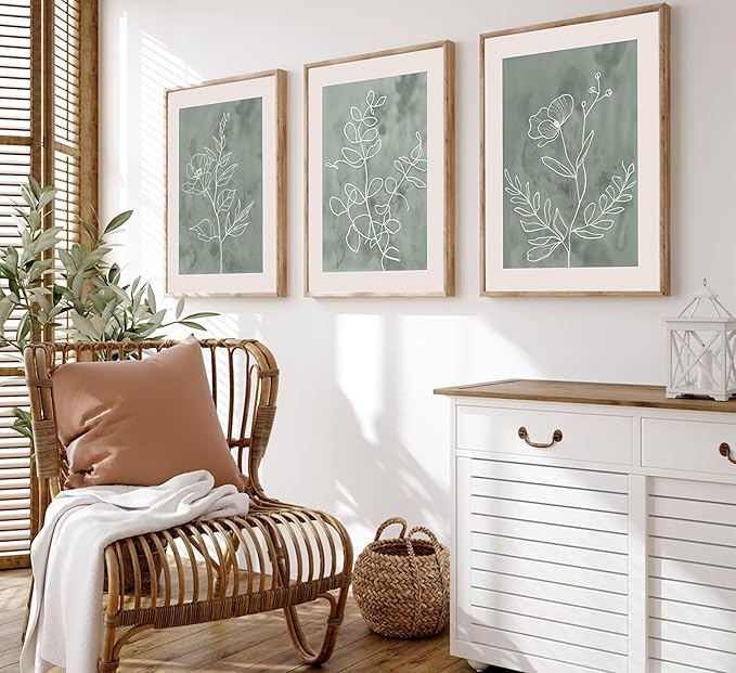 3Pcs Sage Green Botanical Wall Art Line Drawing Floral Canvas Poster Prints Modern Abstract Minimalist Picture Neutral Boho Artwork Simple Painting Wall Decor for Living Room Bedroom 16x24in Unframed