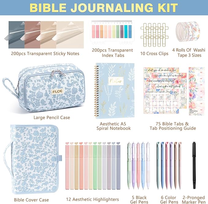 Bible Study Supplies Journaling Kit for Women with Bible Cover Case, Christmas Christian Gifts for Women, Bible Study Tools Accessories Set with Highlighters Pens, Pencil Case Notebook Annotation Kit