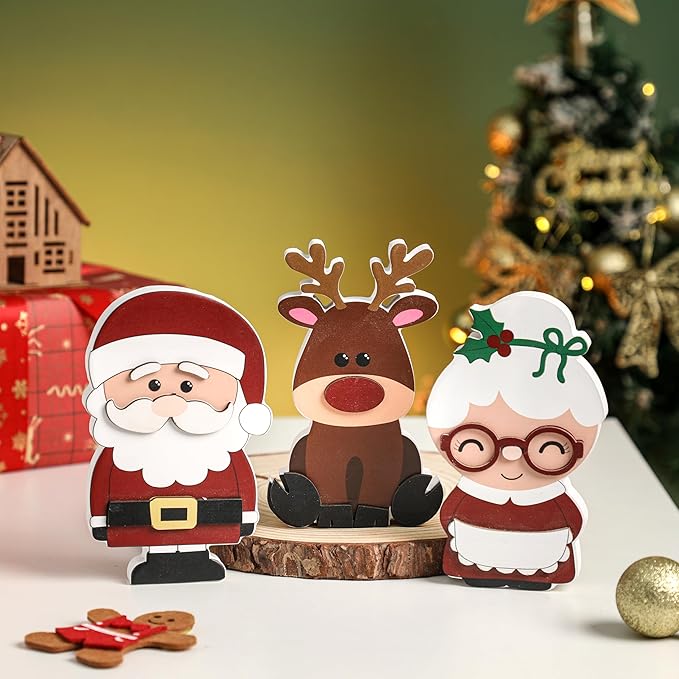 Amorita Wooden Christmas Tiered Tray Decor, 3 Piece Set Santa and Mrs. Claus with Reindeer, Xmas Table Centerpieces -Elegant Santa Christmas Decor for Festive Holiday Table Decorations